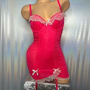 Victoria’s Secret dress sexy chemise babydoll bows lace neon pink cream garter